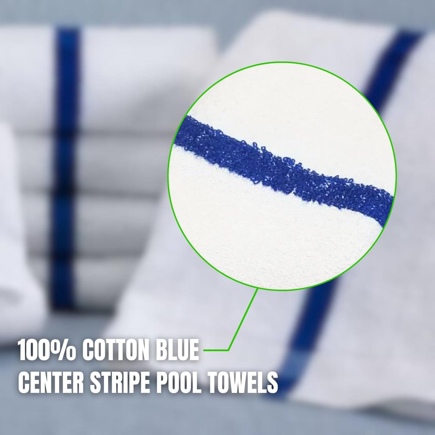 Towels N More 24x48 Soft Poolside Towels - 12 Large Super Absorbent Pool Towel White and Blue Center Stripe - Ideal for Home, Pool, Spa, Gym, Hotel, Motel Rental Room Use - 100% Cotton Bath Towels