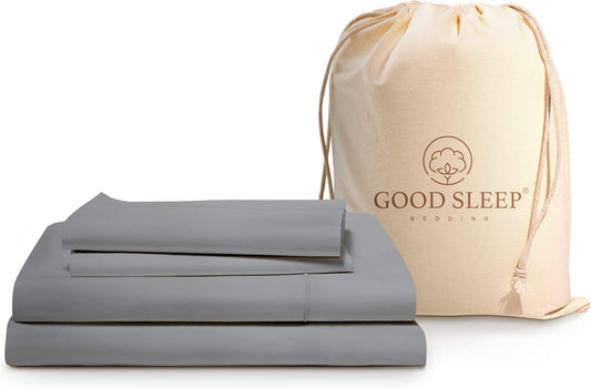 Good Sleep Bedding Twin Sheets - 100% Egyptian Cotton Twin Sheet Set, 4Pc, Sateen Weave, Hotel Quality Size Bed Set, Soft, 16" Deep Pocket Sheets - Light Grey Bedsheets