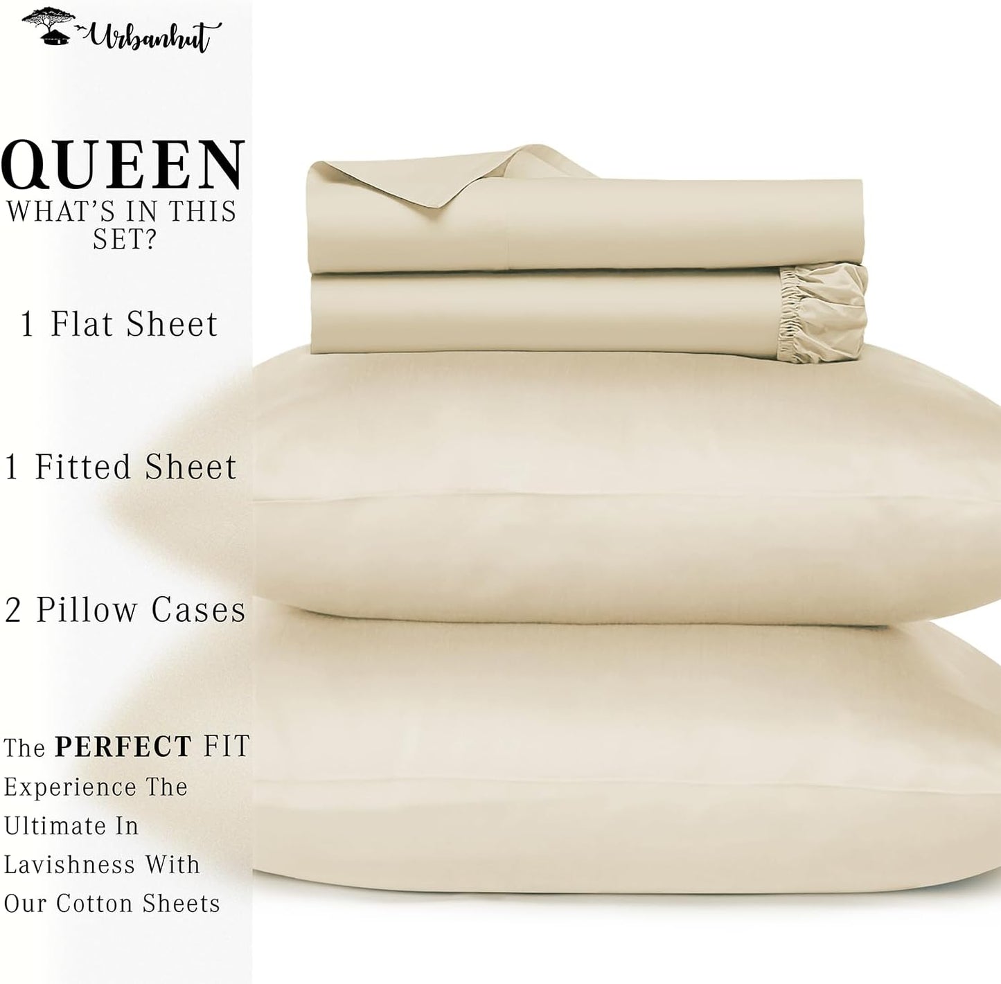 URBANHUT 700 Thread Count Queen Sheet Set Egyptian Cotton Sheets, 4Pc Sheet Set Soft Luxury Bed Sheets for Queen Size Bed, Sateen Weave Hotel Sheets, 16'' Elasticized Deep Pocket - Ivory