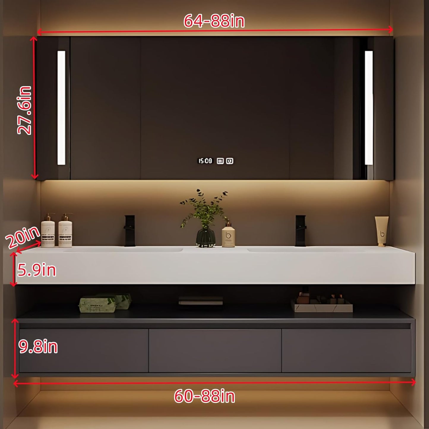 80IN Bathroom Vanity Double Sink - Double Sink Bathroom Vanity Set Include Smart Defogging Bathroom Mirror Cabinet with LED Light Strips, Abundant Storage Space with 3 Drawers (Mirror Cabinet)