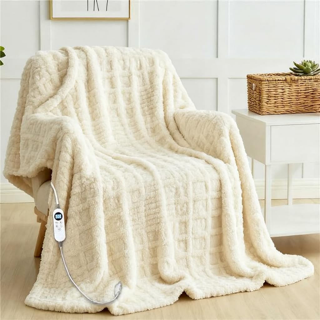 Heated Blanket Electric Throw, 50"X60" Waffle Heating Blanket with 12 Heat Levels, Fast Heating Blanket with 1-12 Timer Settings, Overheat Protection with ETL & FCC for Home Office Sofa (Milky White)