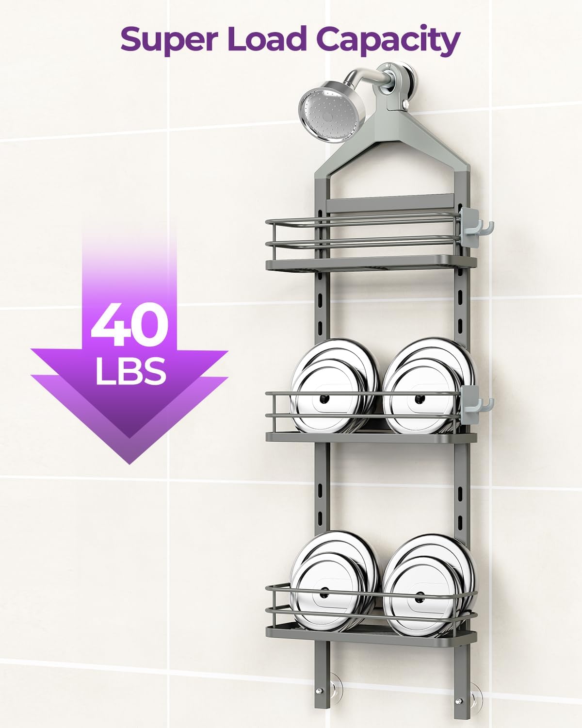 ODesign 3 Tier Height-Adjustable Shower Caddy Hanging Anti-Swing-Over The Shower Head Caddy-Showe r Storage Organizer Bathroom Shelves Basket Caddies-Grey