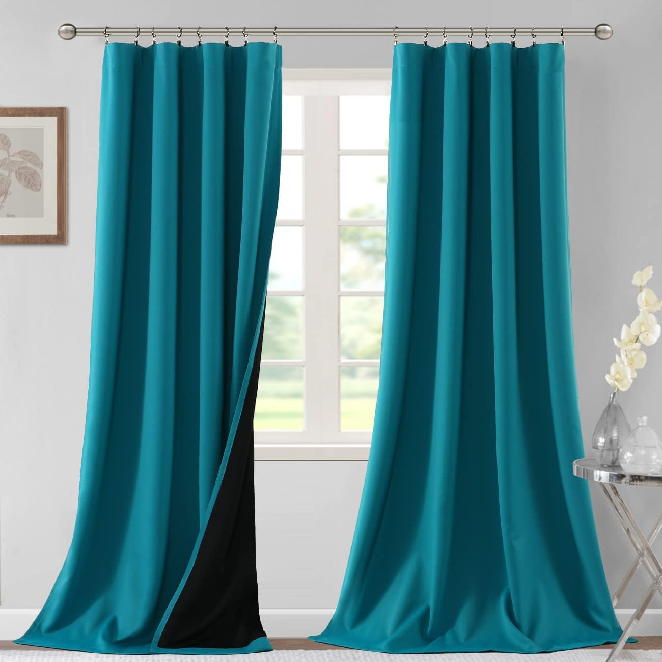 H.VERSAILTEX 100% Blackout Curtains for Bedroom Thermal Insulated Blackout Curtains 108 Inches Long Rod Pocket/Clip Rings Curtains for Living Room with Black Liner 2 Panels, Turquoise Blue
