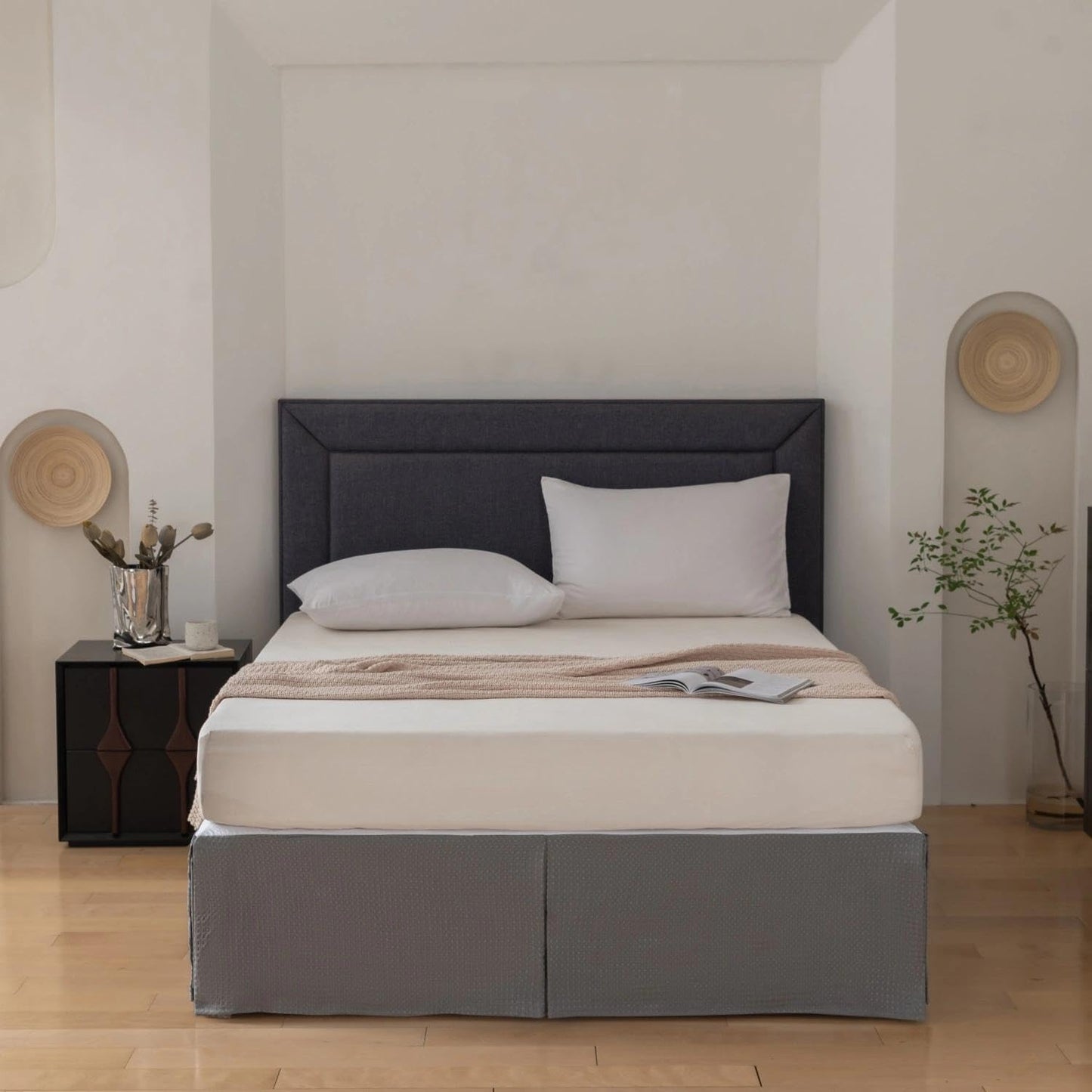 Queen Bed Skirt, Wrap Around Bed Skirt with Pleated Corner, 16 Inch Drop Pleated Waffle Weave Bedskirts, Anti-Slip, Microfiber, Grey, 16'' Queen
