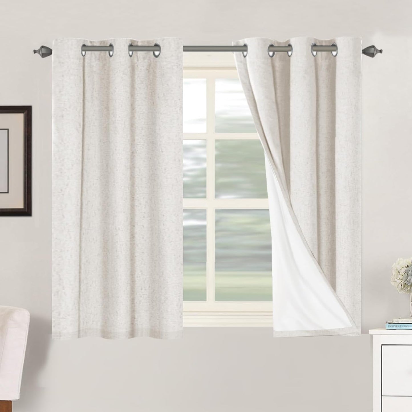 H.VERSAILTEX Primitive Linen Curtains 100% Blackout Curtain Drapes Burlap Fabric Curtains with White Thermal Insulated Liner, Grommet Top Drapes Living Room/Bedroom (2 Panels, 42 x 45 Inch, Ivory)