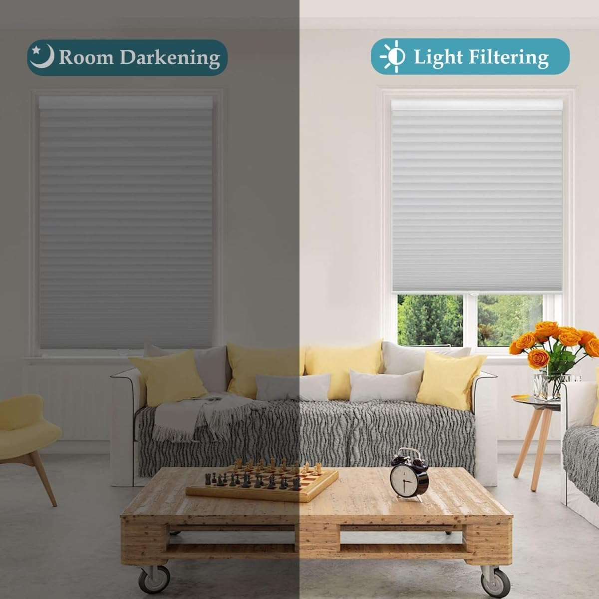MYshade 1.5-Inch Cellular Cordless Light Filtering Shades,Thermal Insulating Noise Reducing Waterproof Blinds,Honeycomb Window Treatments for Indoor Light Control (Grey-32 W x 72" H)