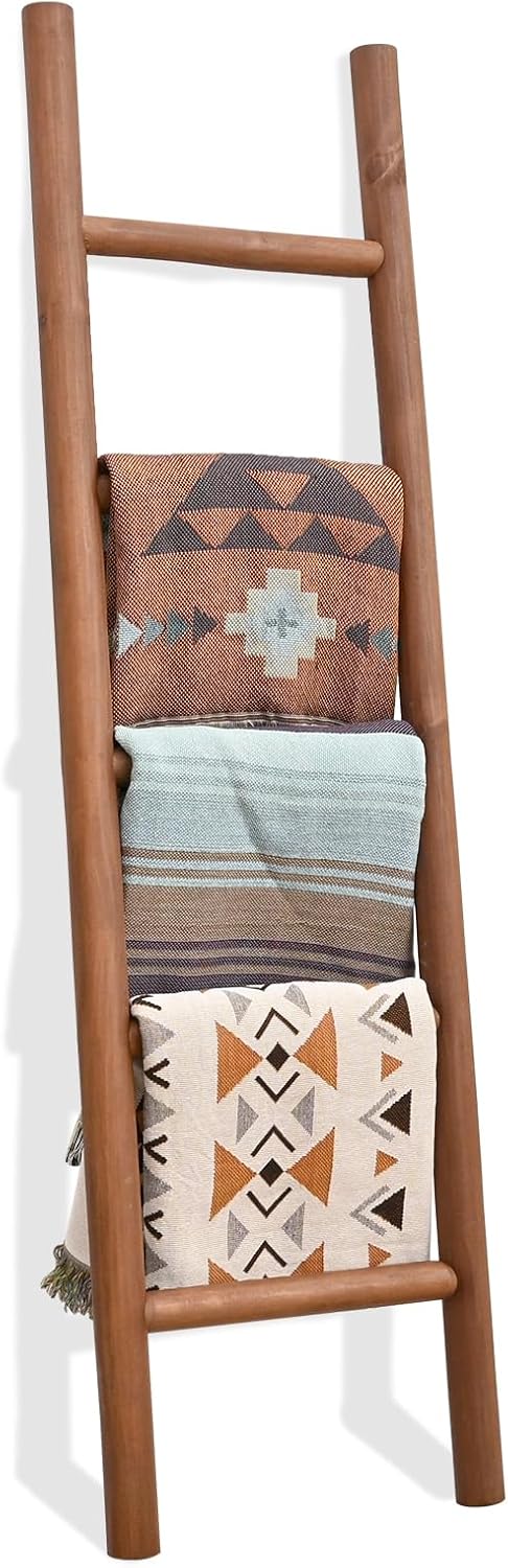 FUIN Fully Assembled 57in Wood Blanket Ladder Living Room Decorative Wall Leaning Farmhouse Quilt Display Holder Rustic Wooden Towel Rack for Bathroom, Dark Brown