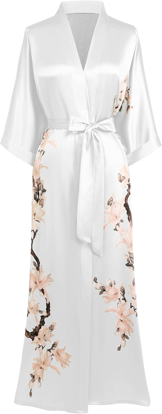 BABEYOND Kimono Robe Cover up with Box Long Floral Satin Sleepwear Silky Bathrobe Bachelorette Robe