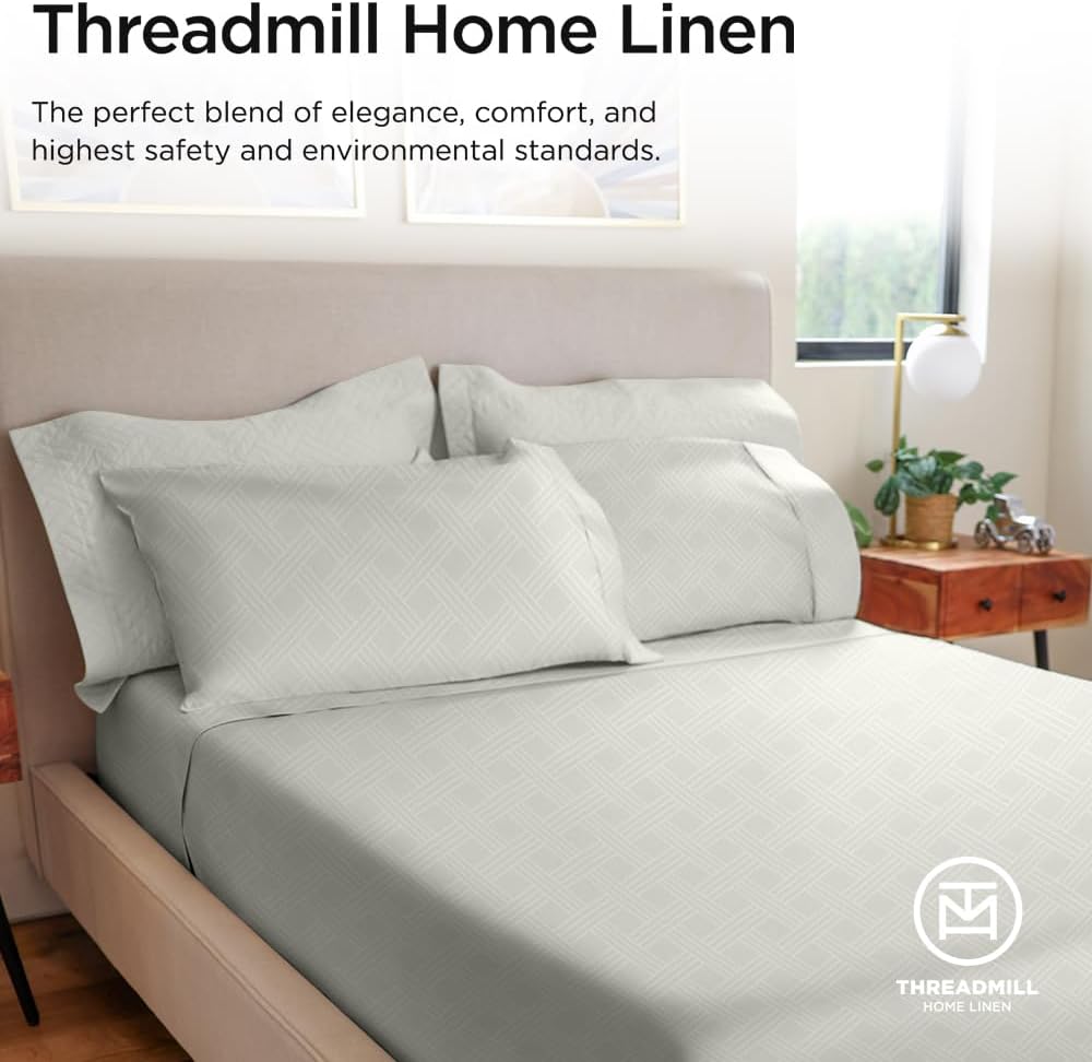 Threadmill California King Size Sheets | 800 Thread Count Jacquard Celine Light Grey | 4 Piece Striped Bed Sheets | Extra Long Staple Cotton Sheet | Luxury Damask Sheets with Elasticized Deep Pocket