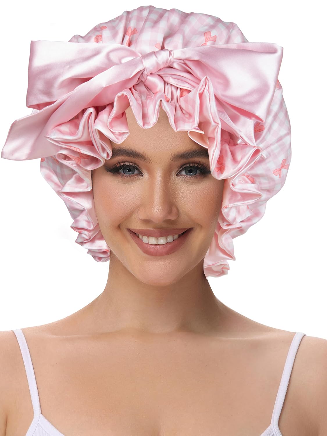 Cute Adjustable Silk Bonnet for Sleeping Double Layer Satin Cap Hair Sleep Bonnet for Curly Hair Pink White Bow