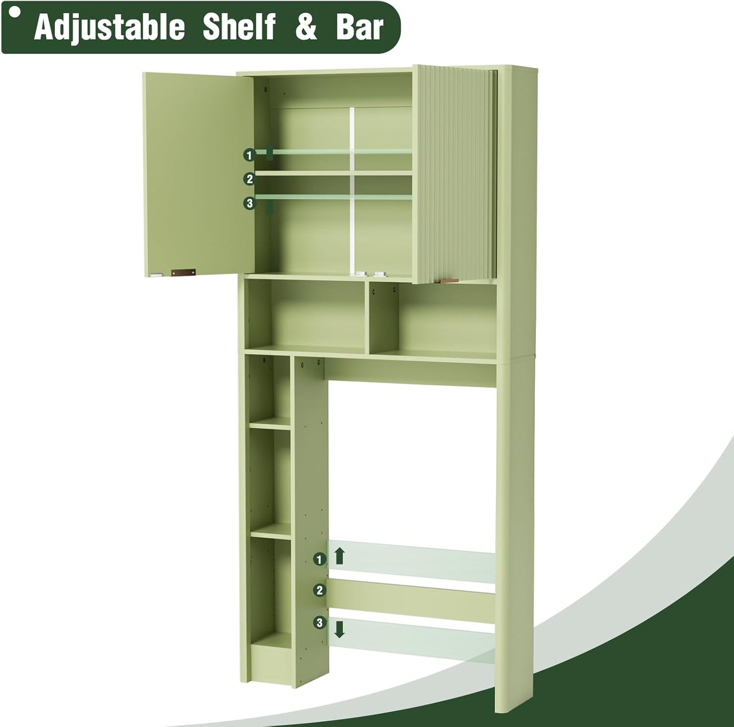 31" W Over The Toilet Storage Cabinet with Fluted Door, Green Bathroom Organizer with Adjustable Shelf, Natural Toilet Paper Holder Stand Wave Door for Restroom, Laundry Room