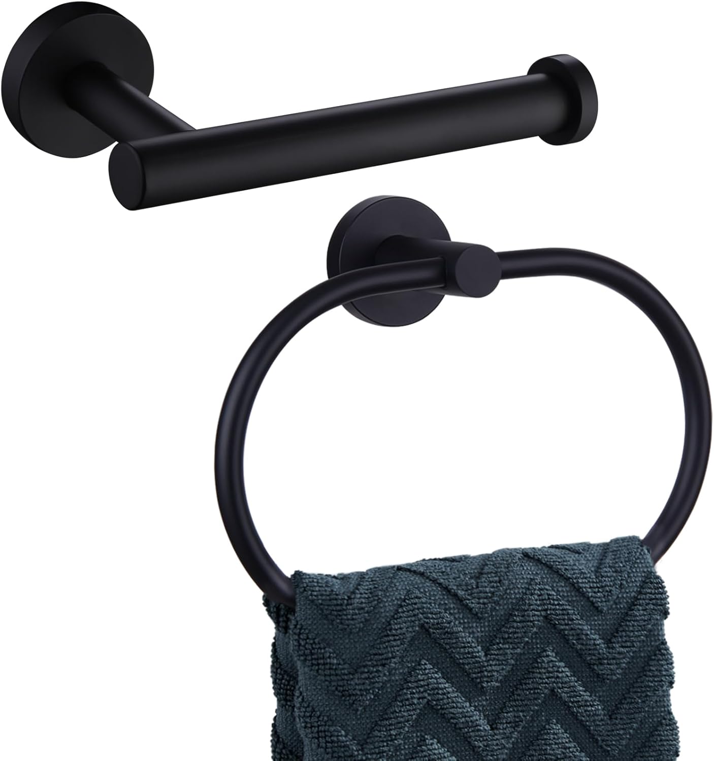 APLusee Matte Black 2 Pieces Bathroom Accessories Set, Hand Towel Ring, Toilet Paper Holder, Stainless Steel Bath Hardware Wall Mounted