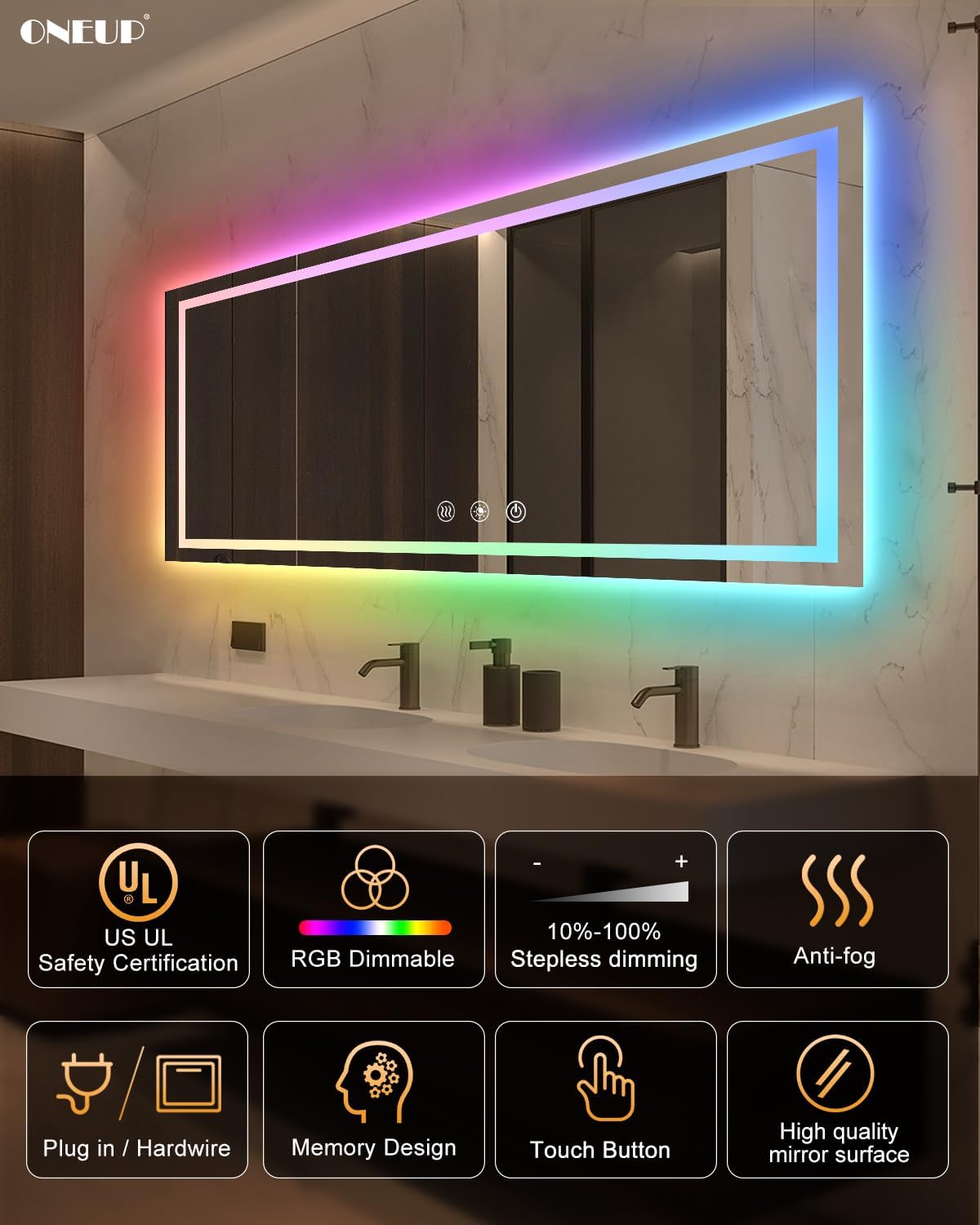 oneup 60x30 Inch Smart LED Bathroom Mirror,RGB Color Changing Bathroom Mirror with Lights,Anti-Fog Wall-Mounted Vanity Mirrors,Dimmable Multicolor Lighted,IP54 Waterproof
