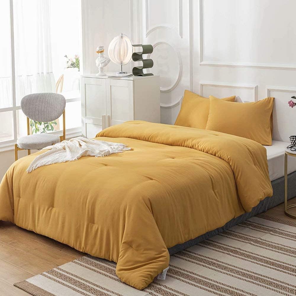 Cottonight Mustard Yellow California King Comforter Sets Dark Yellow Bedding Comforter Set Ginger Blanket Quilts Cozy Breathable Blanket Quilts Bedding Set Cal King Bed