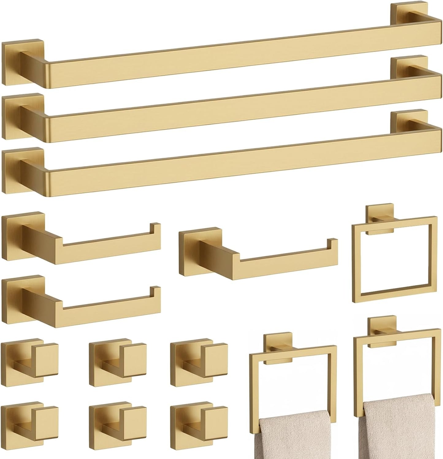 15-Piece Brushed Gold Bathroom Accessories Set – 23.6" Towel Bar, Towel Ring, Toilet Paper Holder & Hooks, Wall Mounted Bathroom Hardware, Rust & Corrosion-Resistant, Ideal for Modern Bathrooms
