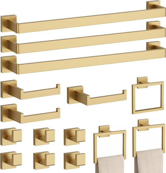 15-Piece Brushed Gold Bathroom Accessories Set – 23.6" Towel Bar, Towel Ring, Toilet Paper Holder & Hooks, Wall Mounted Bathroom Hardware, Rust & Corrosion-Resistant, Ideal for Modern Bathrooms
