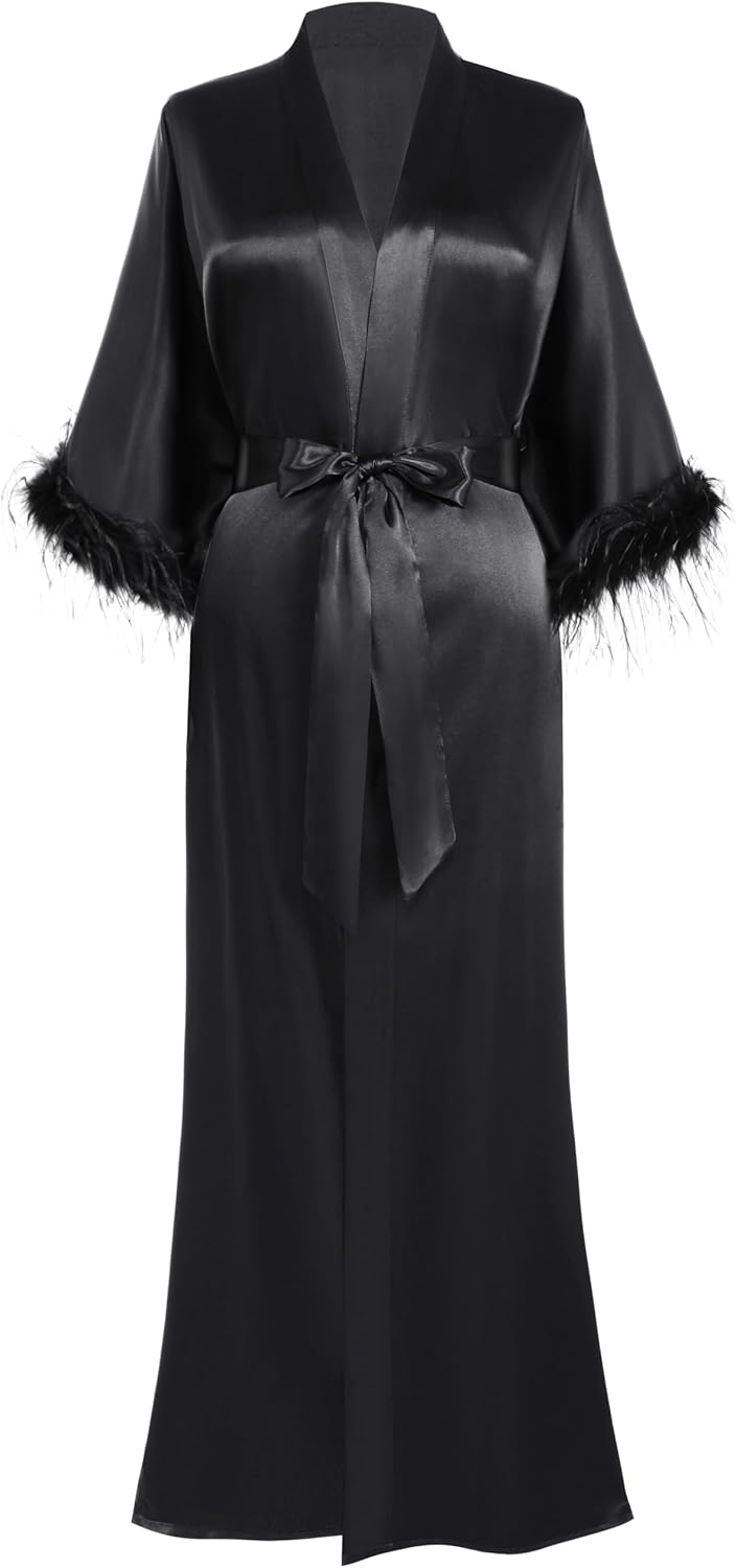 PRODESIGN Satin Kimono Robe Long Silky Bathrobe with Ostrich Feather Trim Sleepwear Wedding Bridesmaid Dressing Gown