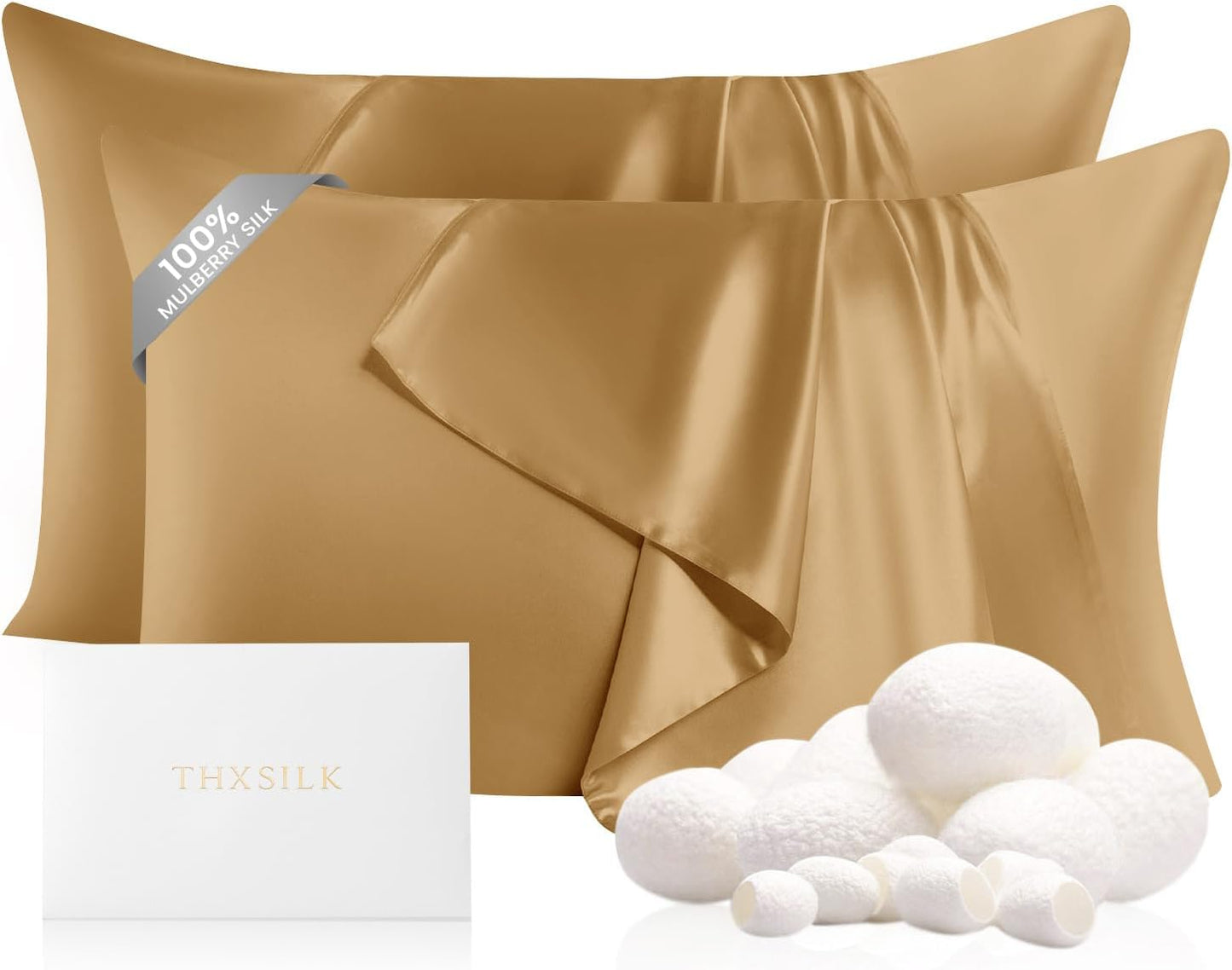 THXSILK Set of 2 100% Pure Mulberry Silk Pillowcases for Hair and Skin, 22 Momme Zipper Silk Pillow Case Standard Size, Real Silk Pillowcases with Zipper (Metallic Gold, Queen 20"x30")