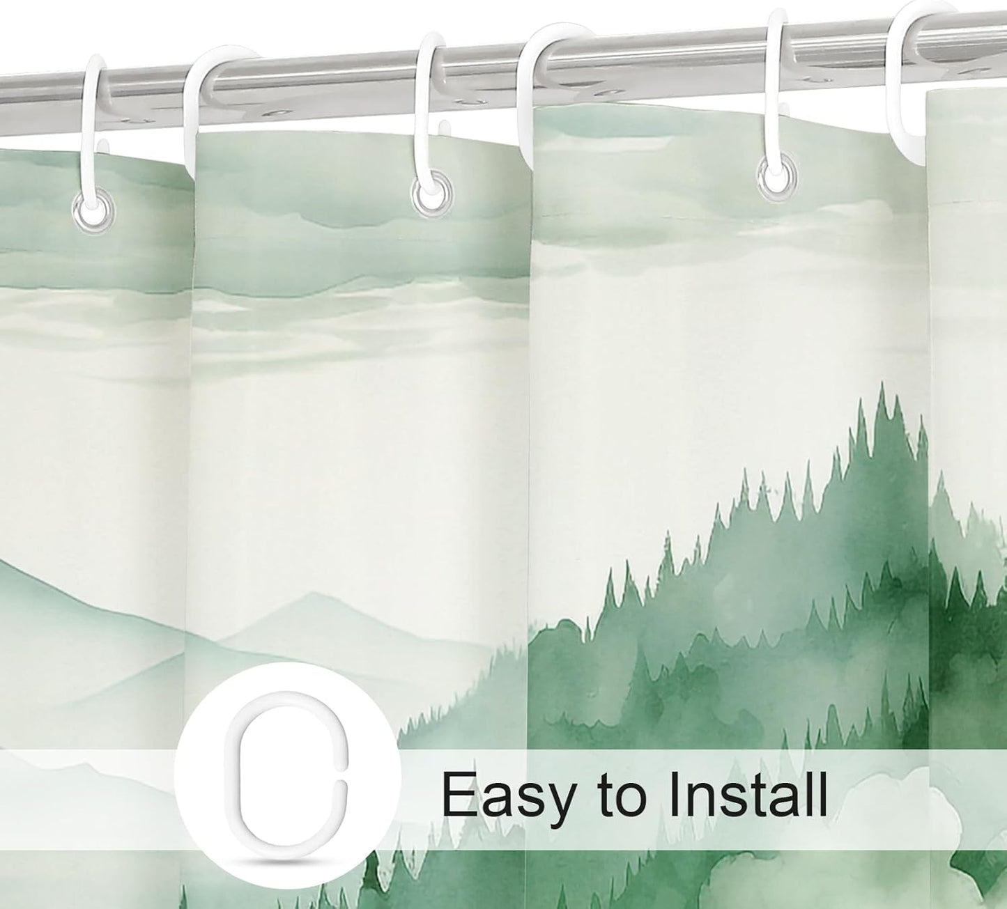 Green Small Stall Misty Pine Forest Shower Curtain 36 x 72, Mountain Foggy Woodland Scenery Tree Narrow Half Size Shower Curtains for Bathroom, Abstract Waterproof Nature-Themed Decor
