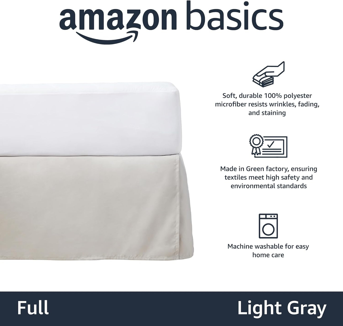 Amazon Basics Lightweight Pleated Bed Skirt, Full, Light Grey, Solid