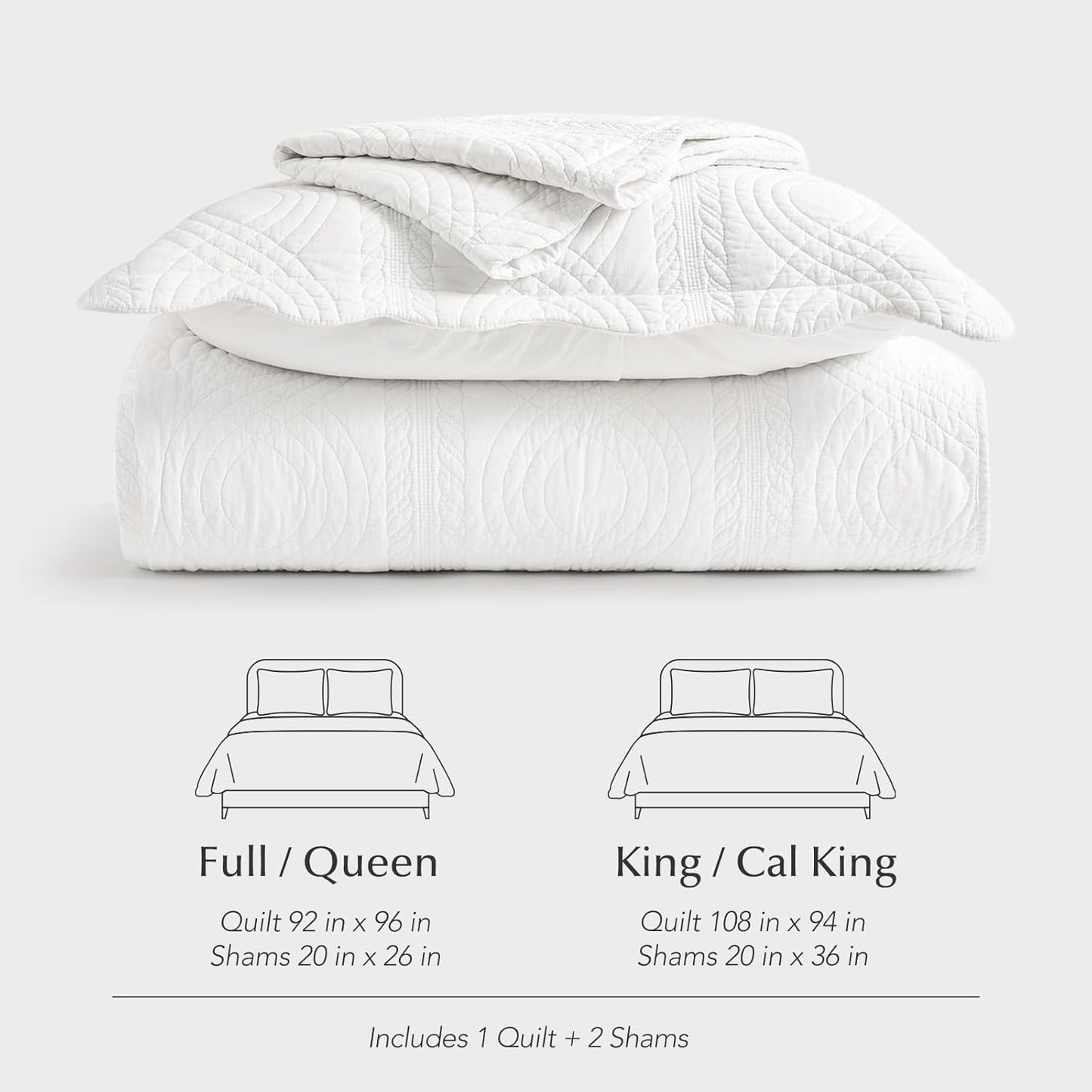 EVERGRACE 100% Cotton Scallop Quilt Set, Queen Size 3 Piece Set – Lightweight Bedspread with 2 Shams, Soft Prewashed Matelasse Coverlet for Cozy and Elegant Bedding, Bright White