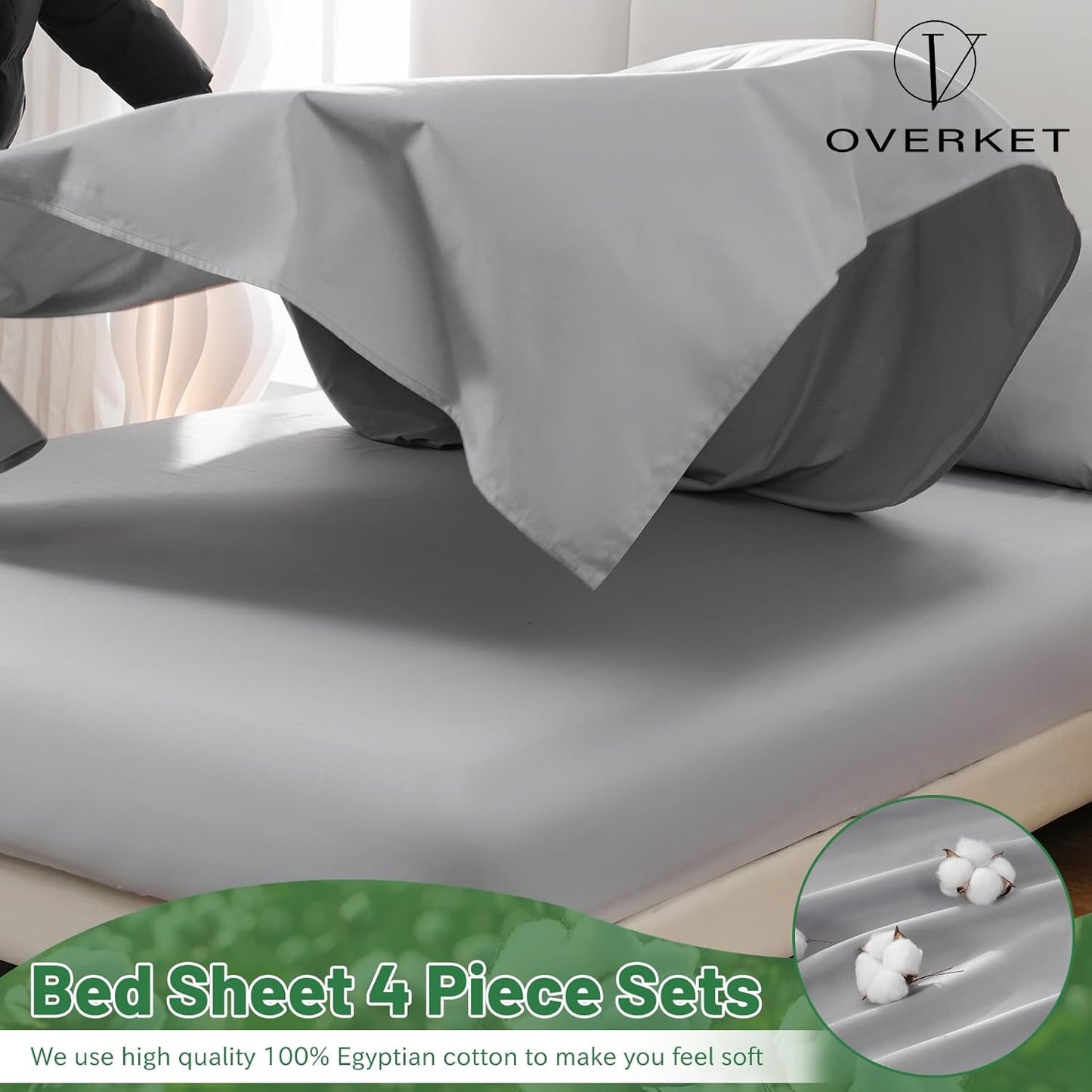 100% Egyptian Cotton Sheets Cal King Sheet Set 1000 Thread Count Sateen Weave Soft Breathable 16-Inch Deep Pocket 4PCS（California King,Grey）