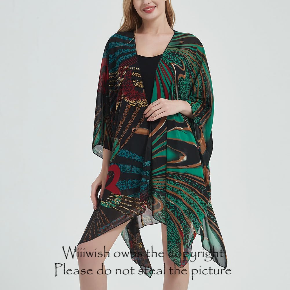 Women's Bohemian Floral Chiffon Beach Cover up Swimsuit Kimono Summer Swimwear Cardigans