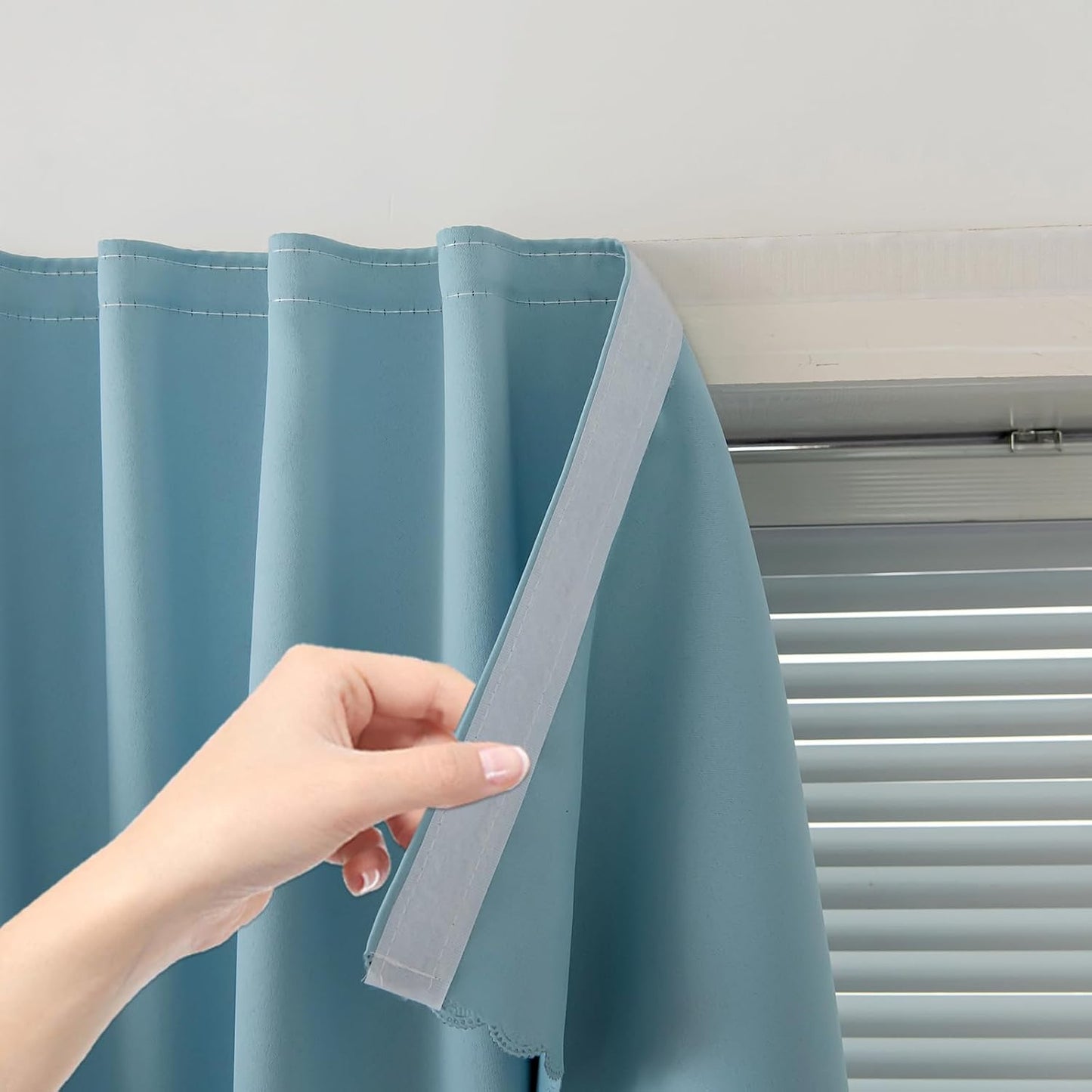 Self Adhesive Curtains, Black Out Shade for Window, Blackout Fabric Temporary Window Coverings Easy to Hang Curtains No Rod Needed, Use for Bedroom, Room, Kitchen, 35" W X 71" L, Lake Blue, 1 Panel