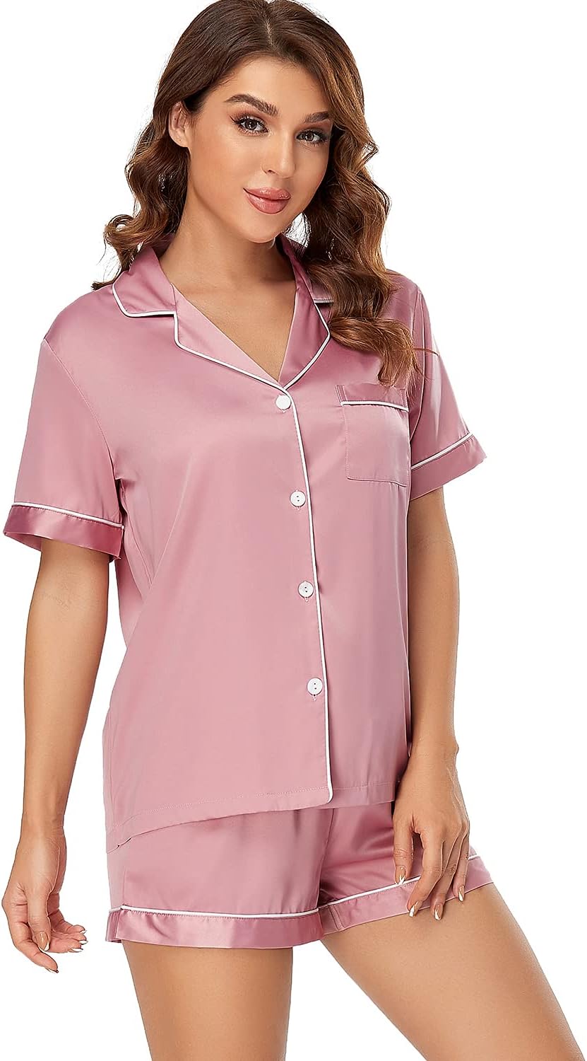 Women's Satin Pajama Set 2-Piece Sleepwear Loungewear Button Down Short Sleeve Silky PJ Set