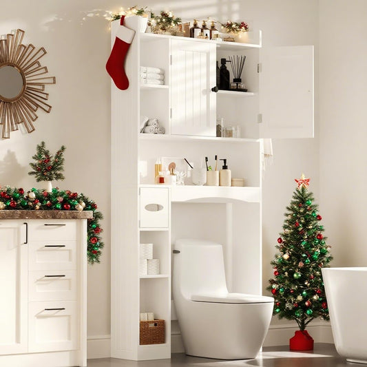 Gizoon Over The Toilet Storage Cabinet, 66''H Over Toilet Bathroom Organizer, Over Toilet Storage Cabinet with 2 Doors, Paper Holder and Racks, Adjustable Shelf, for Bathroom, Laundry, White