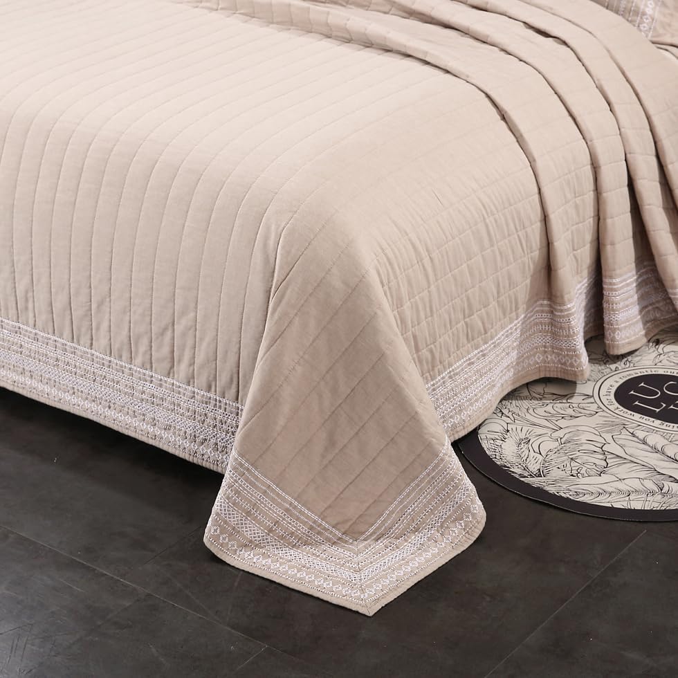 Quilt Set Floral Leaves 3D Embroidery Pattern 2 PCS Cotton Reversible Quilted Embroidered Decorative Bedspreads Coverlet Set, Lightweight &Soft Queen Size Beige Bedding Coverlet for All Season