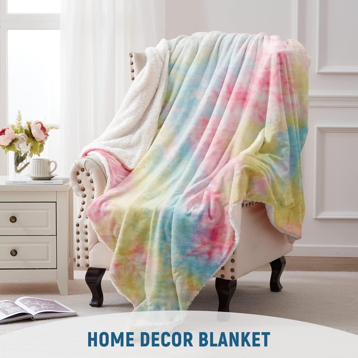 KAWAHOME Sherpa Fleece Queen Size Blanket for Bed - Extra Warm and Heavy Thick Blankets for Winter, Super Soft 500GSM Plush Blanket, 90"X 90" Rainbow