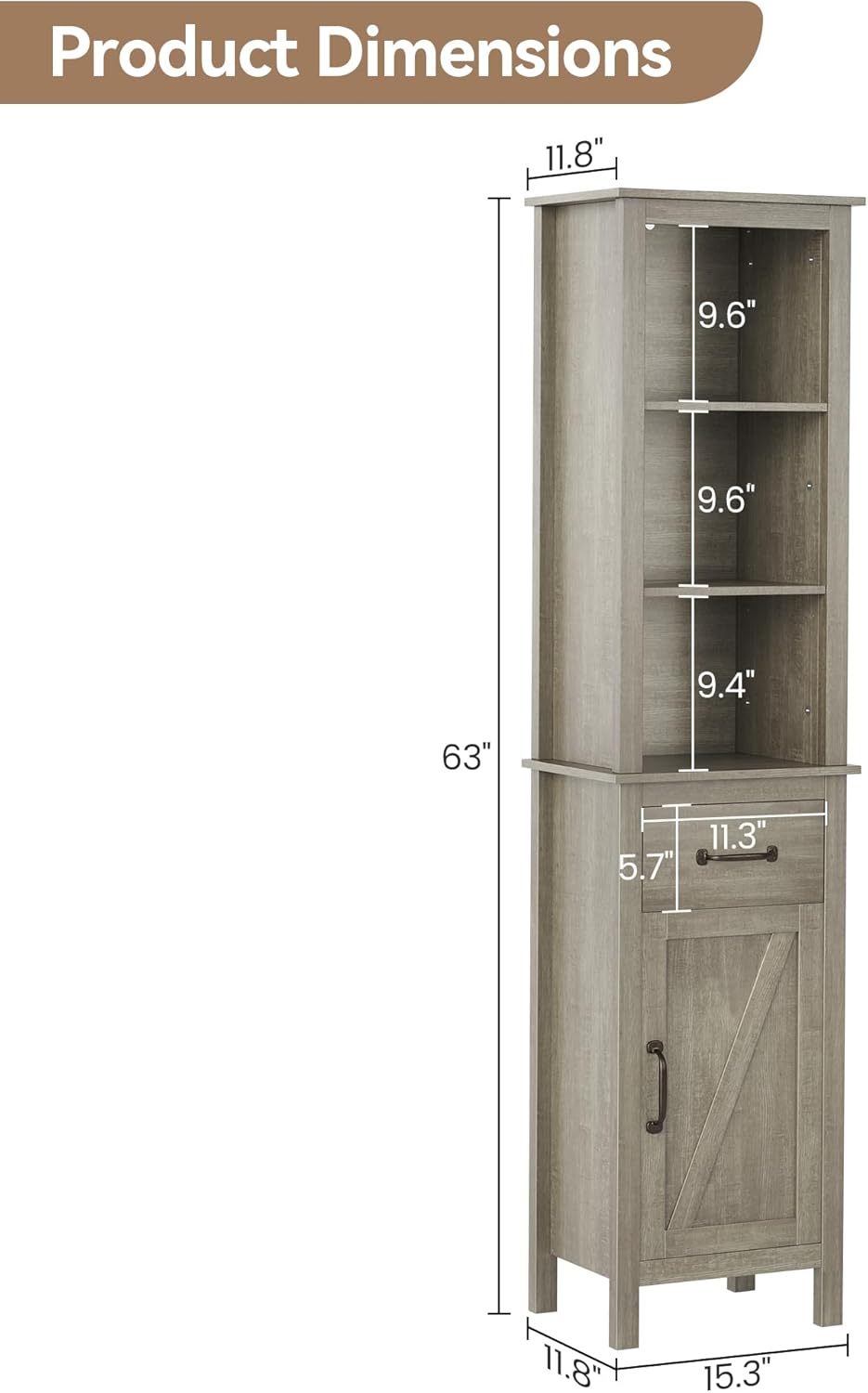 Farmhouse Narrow Bathroom Cabinet with Drawer & Barn Door, Rustic Style Organizer with Custom Shelves, Tall Adjustable Bookshelf for Kitchen, Living Room, Grey