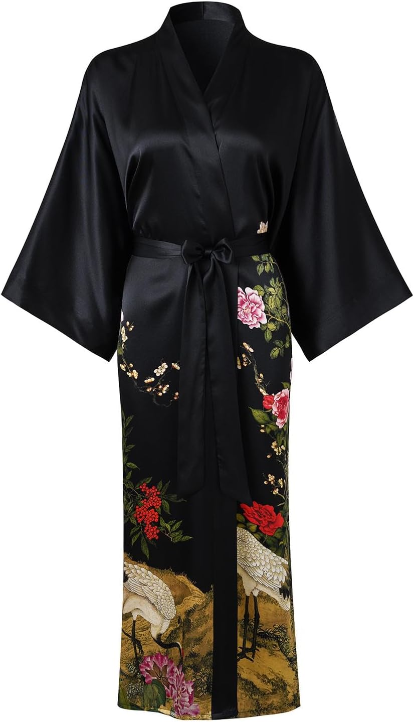 Women's Silk Kimono Robe Long Bathrobe Nightgown 100% Mulberry Silk for Women - Classic Floral Pattern