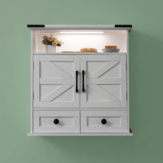 Bathroom Wall Cabinet, 23x25 Inch Farmhouse Medicine Cabinet Over Toilet with Drawer 2 Doors, Motion Lighting & Adjustable Shelves, White Above Toilet Storage for Laundry, Kitchen