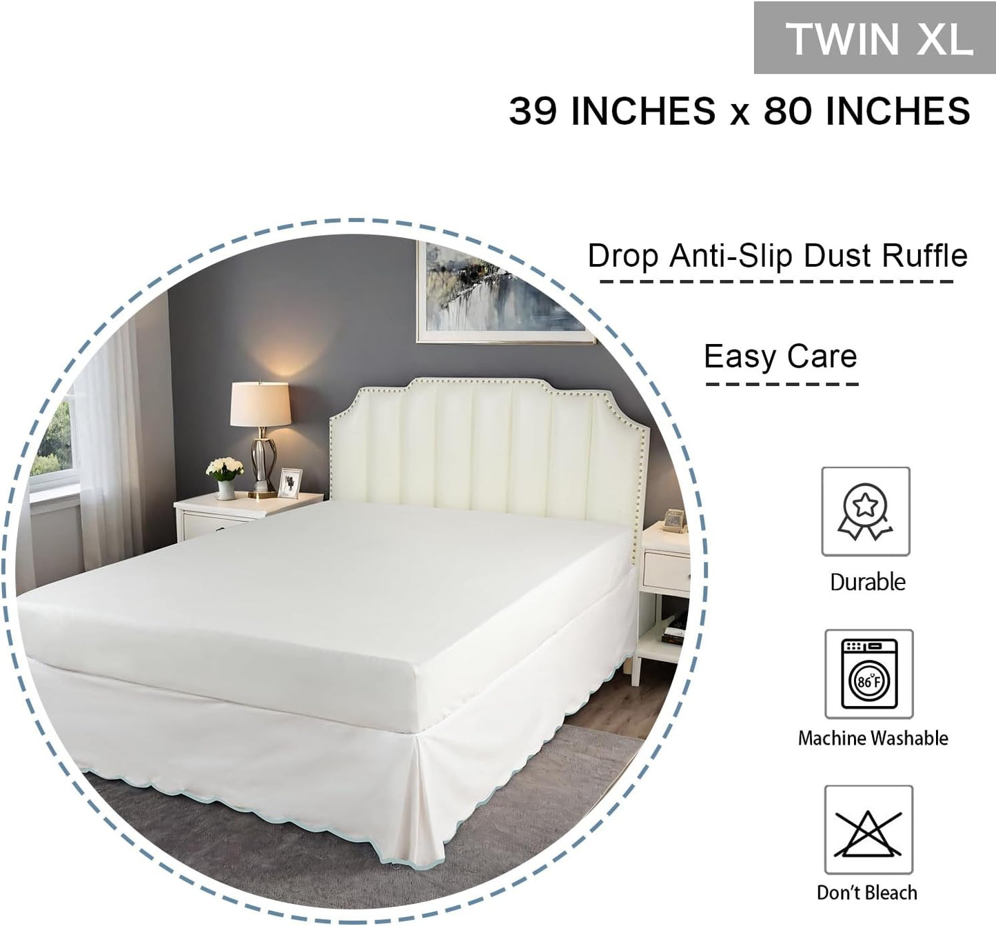 HIG Off-White Chic Twin XL Bed Skirt - Easy Fit Scallop Edge Pleated Bedskirts, 14 Inch Drop Anti-Slip Dust Ruffle, Thick Fabric for Enhanced Privacy, Pre-Washed for Long-Lasting Use(N60022)