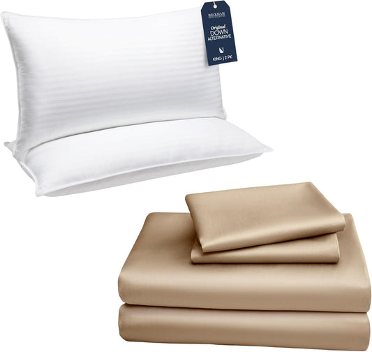 Beckham Hotel Collection Down Alternative Pillows & Cotton Sheets 4 Piece Set, 16" Deep Pocket, 2 Open End Pillowcases, King, Sand