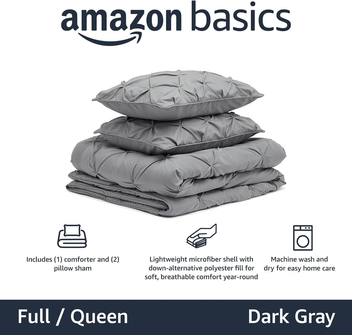 Amazon Basics Soft, Warm Queen Size Comforter Sets, All-Season Down-Alternative 3-Piece Bedding Set, Pinch Pleat Design, Full/Queen Size, Dark Grey