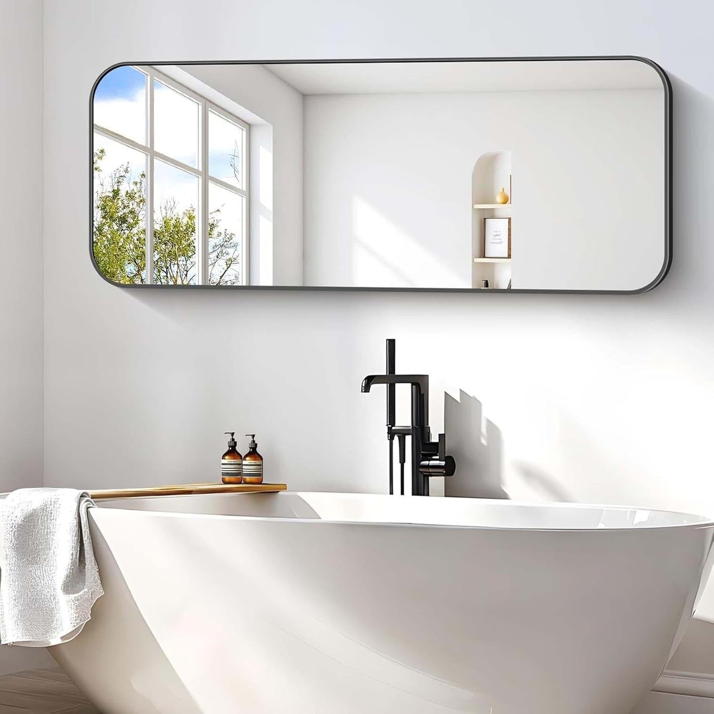 Bathroom Mirror, 60 x 24 inch Metal Framed Black Rectangle Mirror, Rounded Corner Rectangular Vanity Mirror, Large Wall Mounted Mirror for Modern Bedroom Living Room Horizontal or Vertical