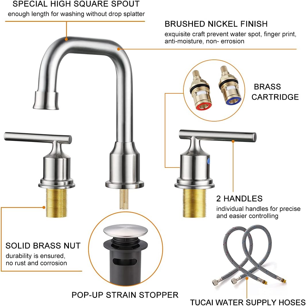 WOWOW 2 Handles 8 inch Widespread High Arc Bathroom Faucet Brushed Nickel Lavatory Faucet 3 Hole 360°Swivel Spout Modern Sink Basin Faucets