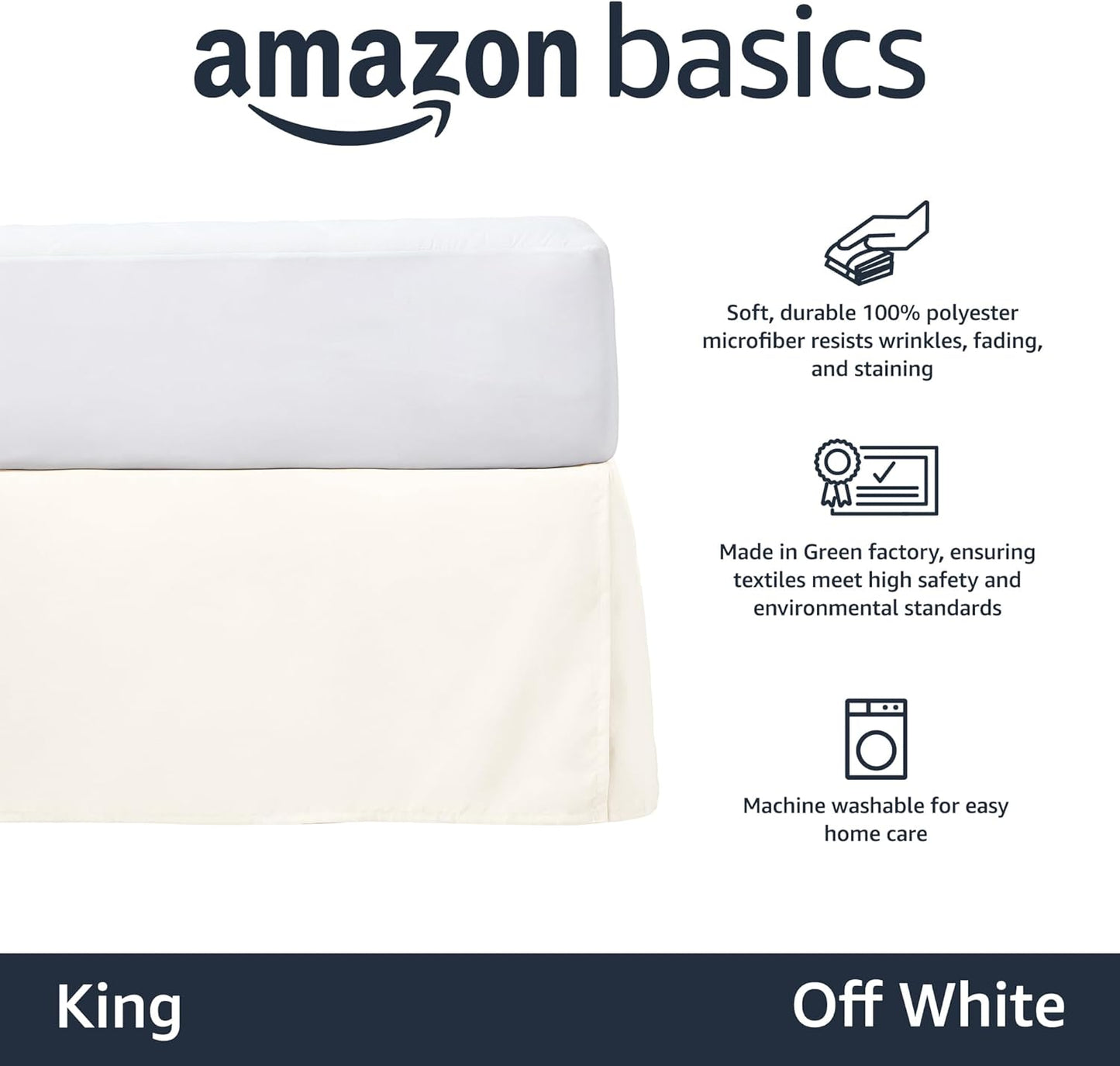 Amazon Basics Lightweight Pleated Soft Machine Washable Bed Skirt, King Size, Off White, Solid