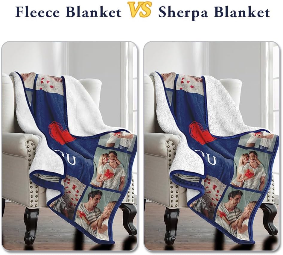 Sherpa Fleece Custom Photo Blanket - Soft, Warm, Fuzzy - Personalized Couples Gifts for Boyfriend, Girlfriend - Customized Picture Blanket for Birthday, Christmas