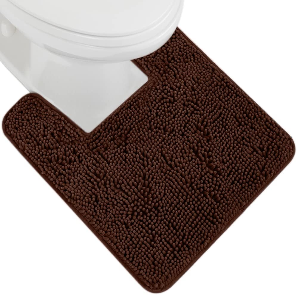 GORILLA GRIP Plush Absorbent Shaggy Chenille Bath Rug Mat for Square Toilet Base with Rubber Backing, Machine Washable Rugs, Soft Microfiber Contour Mats for Toilets, Bathroom Decor, Brown