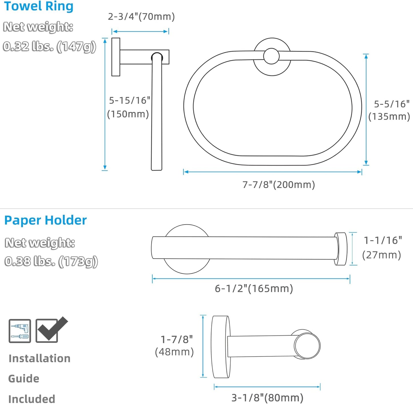 APLusee Matte Black 2 Pieces Bathroom Accessories Set, Hand Towel Ring, Toilet Paper Holder, Stainless Steel Bath Hardware Wall Mounted