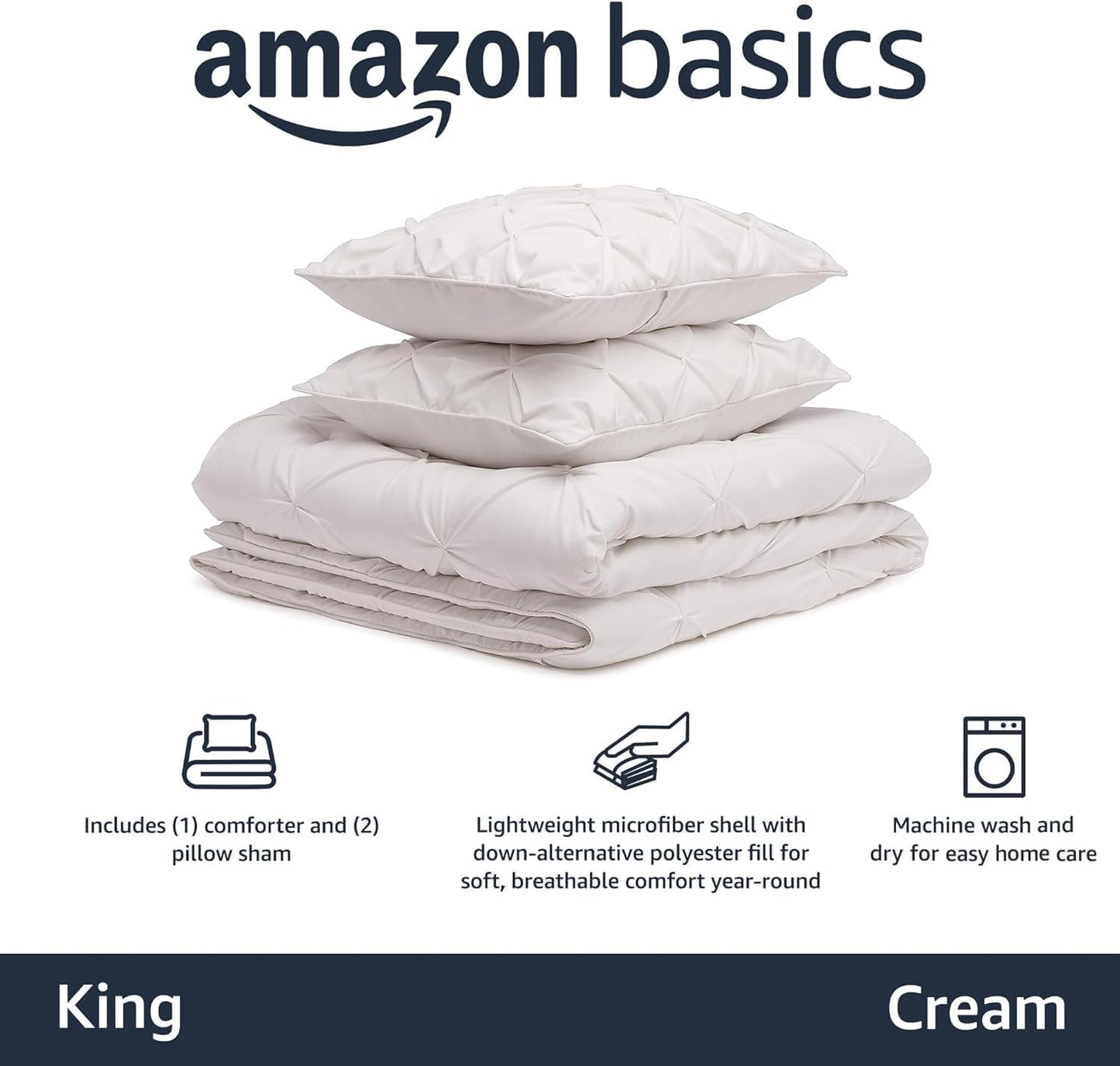 Amazon Basics Warm, Soft King Size All-Season Down-Alternative 3-Piece Comforter Bedding Set, Pinch Pleat With Piped Edges Design, Cream