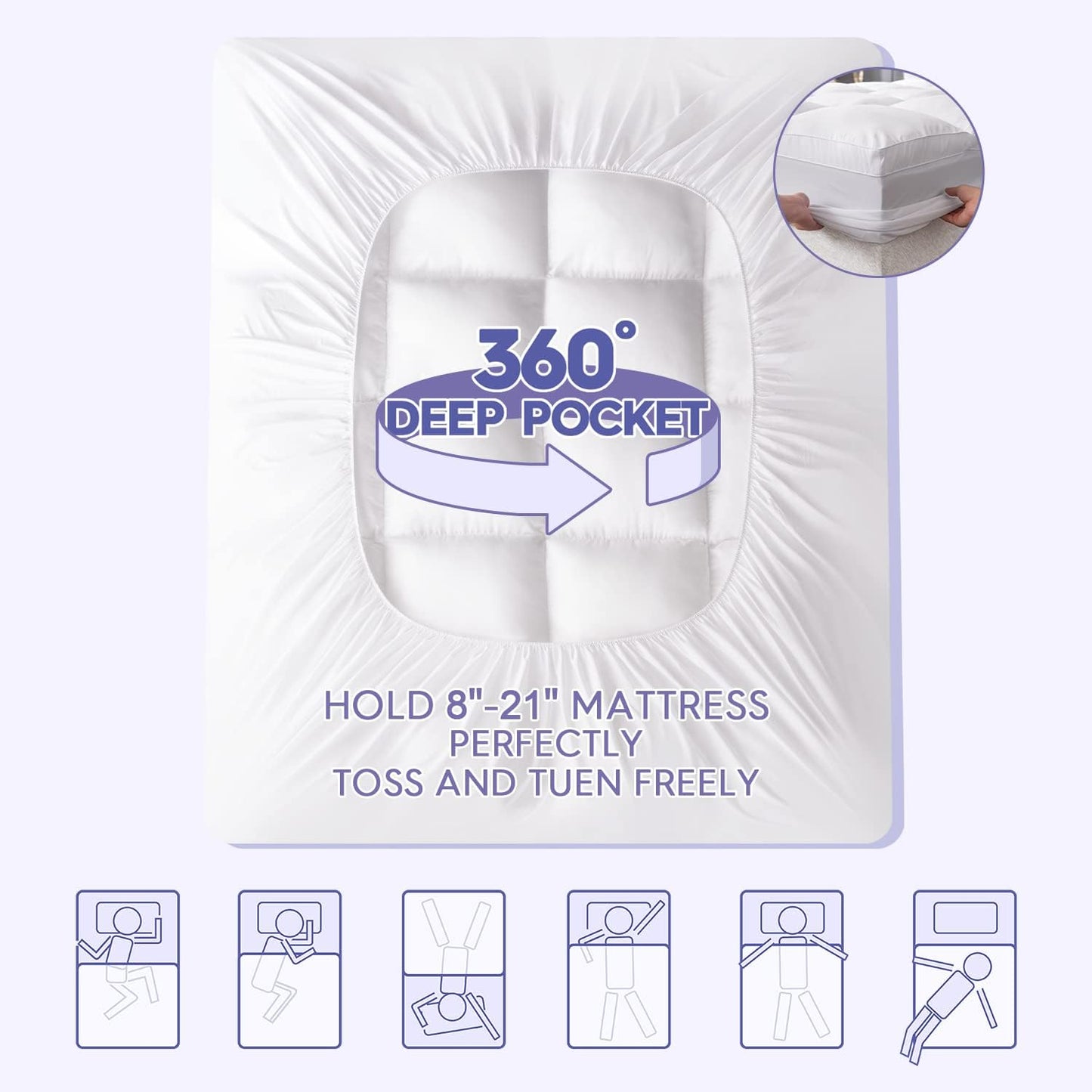 ABENE Mattress Topper for Back Pain Relief, Extra Thick Mattress Pad Pillowtop, Soft Mattress Protector Cover with 8"-21" Deep Pocket (Pure White, Full, Feather Down)