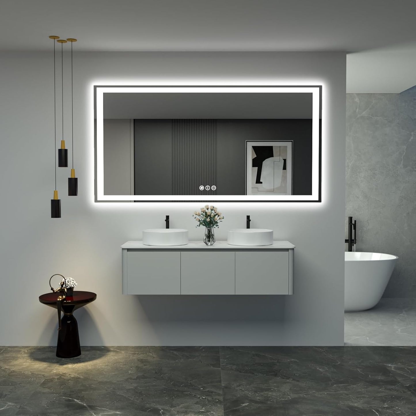 60"x 40" LED Bathroom Mirror with Lights, Front and Backlight, Dimmable Smart Mirror Bathroom, Anti-Fog, 3 Colors Lighted Bathroom Vanity Mirror for Wall Tempered Glass (Horizontal/Vertical)