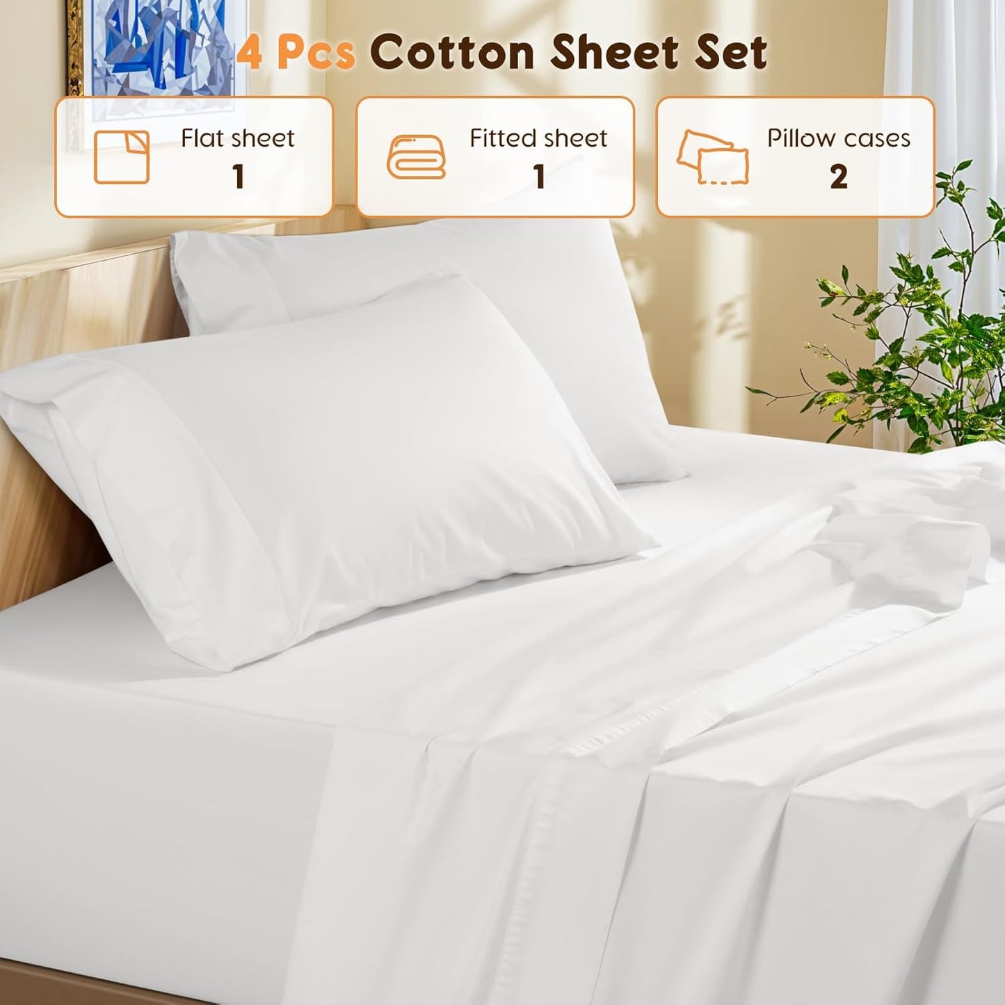 LBRO2M 100% Cotton Sheets Set Queen Size 600 Thread Count 4 Piece Sets Bed Sheet Deep Pocket Up to 16" Soft Comfortable All Season (Queen, White)