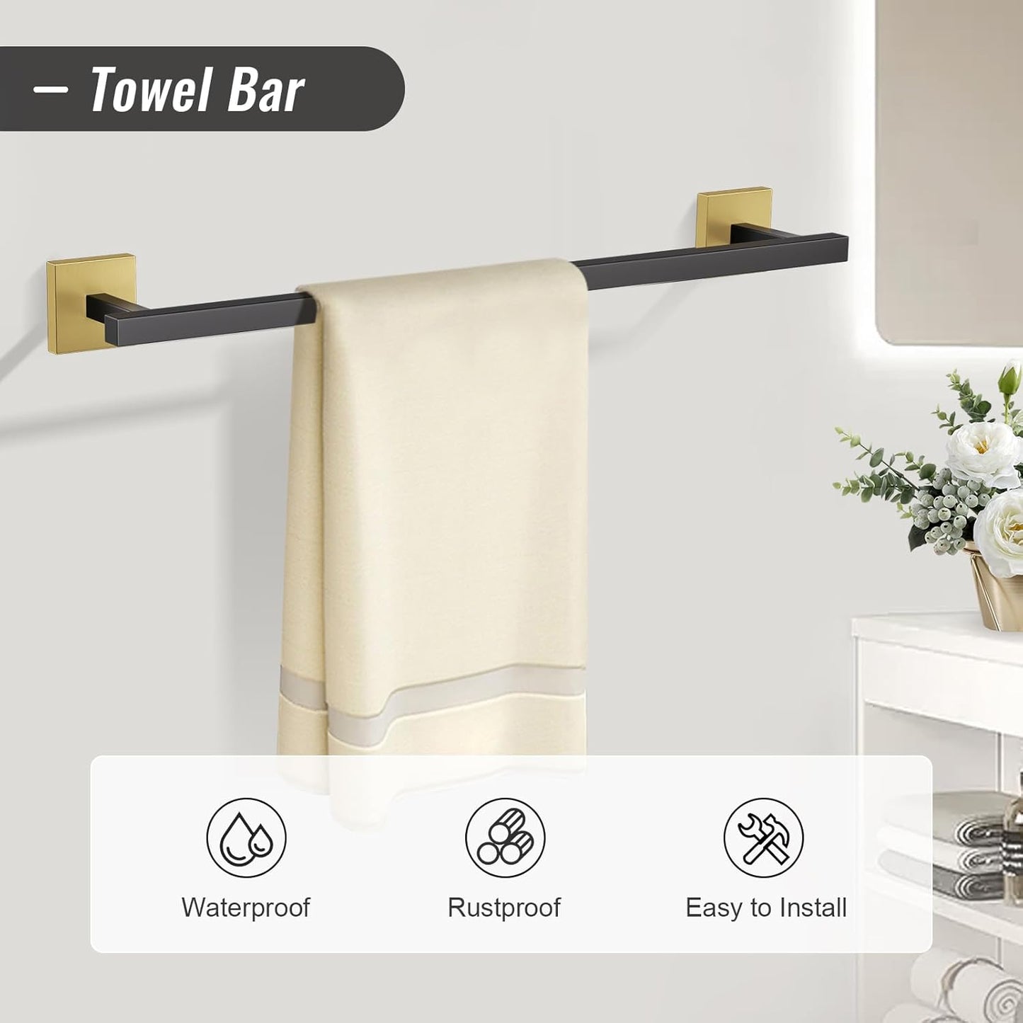 YACVCL Towel Bar Set, 5-Piece Black and Gold Bathroom Hardware Set, Black&Gold Bathroom Accessories Set, SUS304 Stainless Steel 23.6 Inch Towel Holder Towel Racks Set Wall Mounted