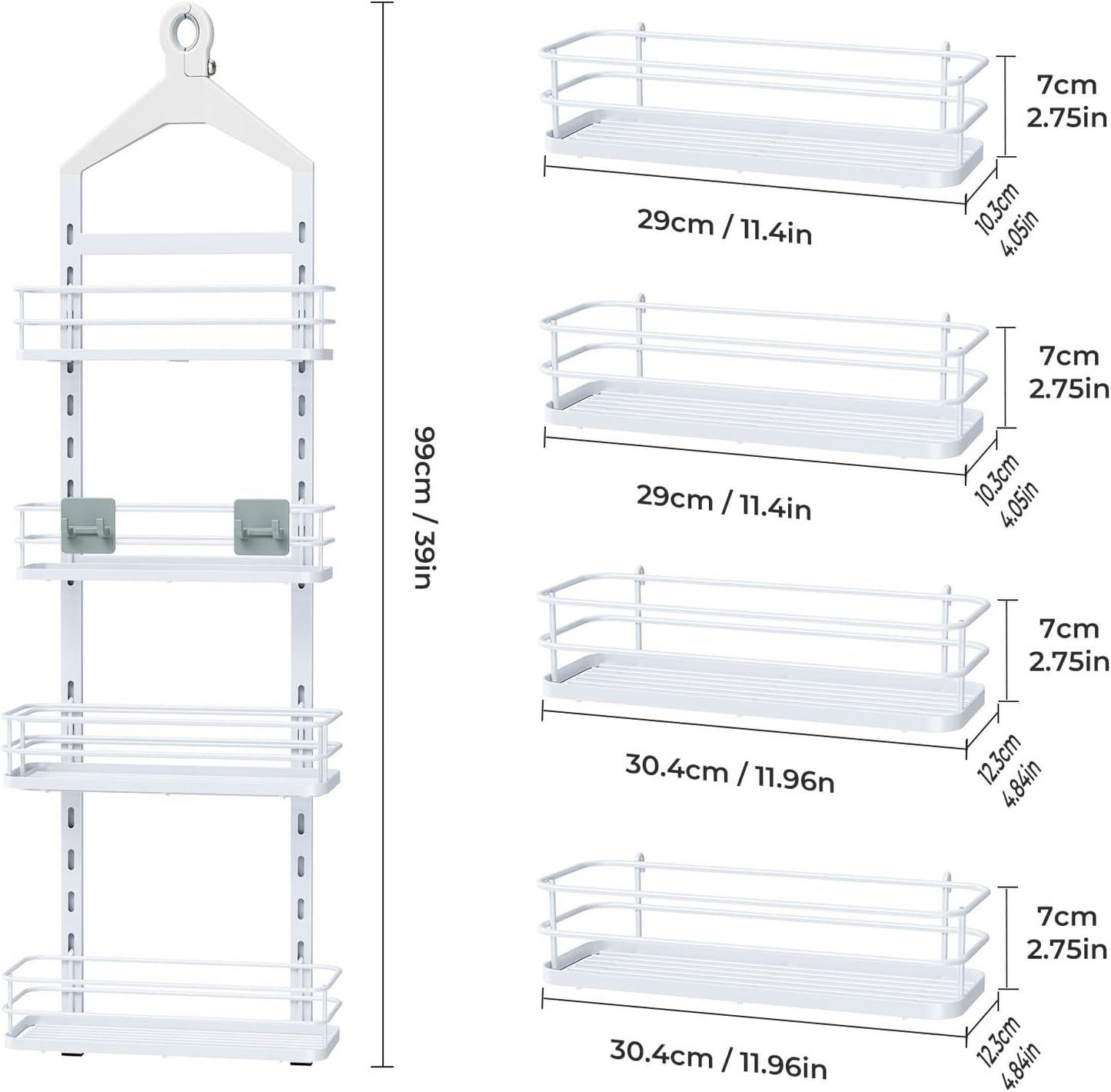 ODesign 4 Tier Height-Adjustable Shower Caddy Hanging Anti-Swing-Over The Shower Head Caddy-Storage Organizer Bathroom Shelves Basket-White